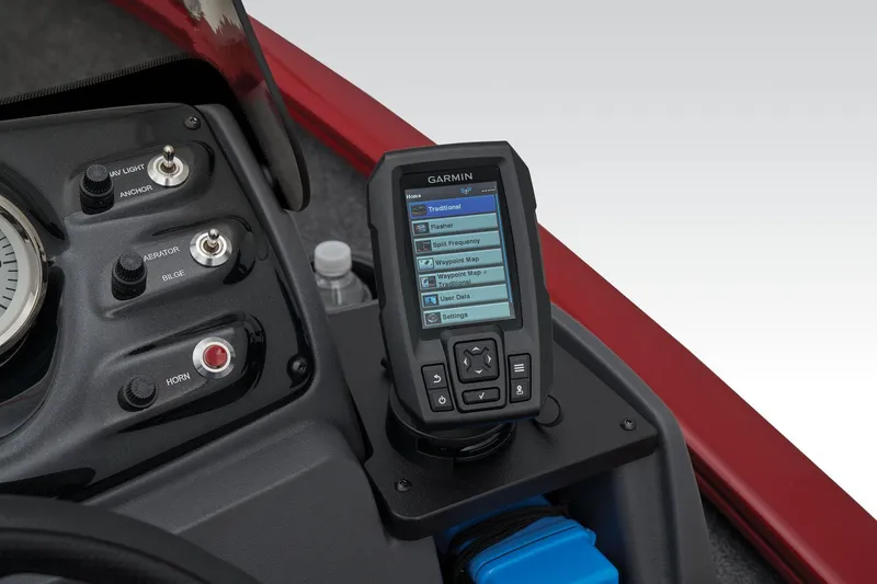 Slide: The Image of 2025 Tracker Super Guide V-16 SC boat dashboard with Garmin GPS device. - 18