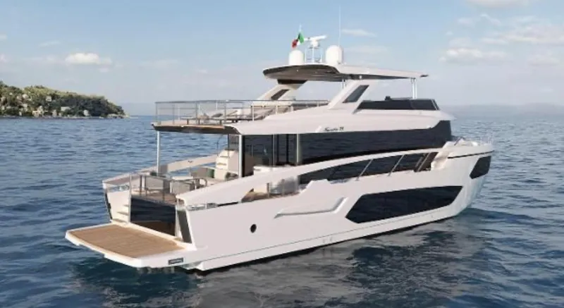 Slide: The Image of Luxury Absolute NAVETTA 75 yacht cruising on open water, 2025 model. - 1