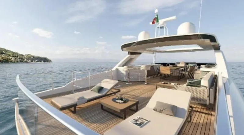 Slide: The Image of Luxurious 2025 Absolute NAVETTA 75 yacht with spacious deck and elegant seating. - 5