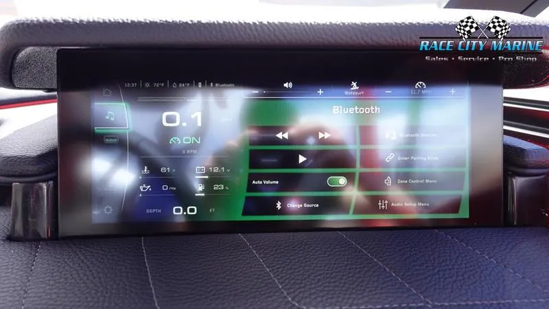 Slide: The Image of 2024 Nautique Super Air Nautique G23 touchscreen control panel displaying Bluetooth and audio settings. - 10