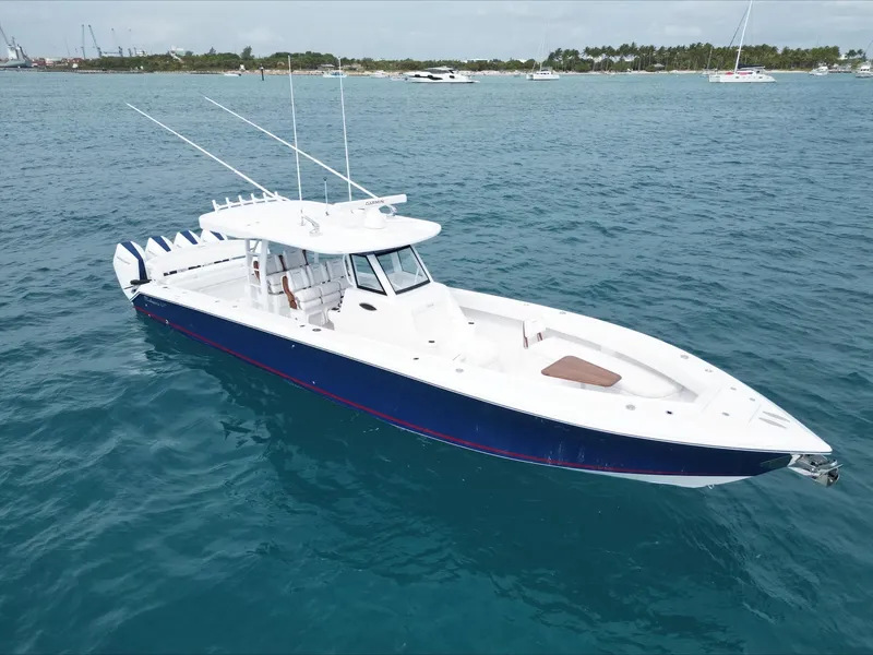 Slide: The Image of 2024 Bahama 41' Open Fisherman GT boat on the water. - 6