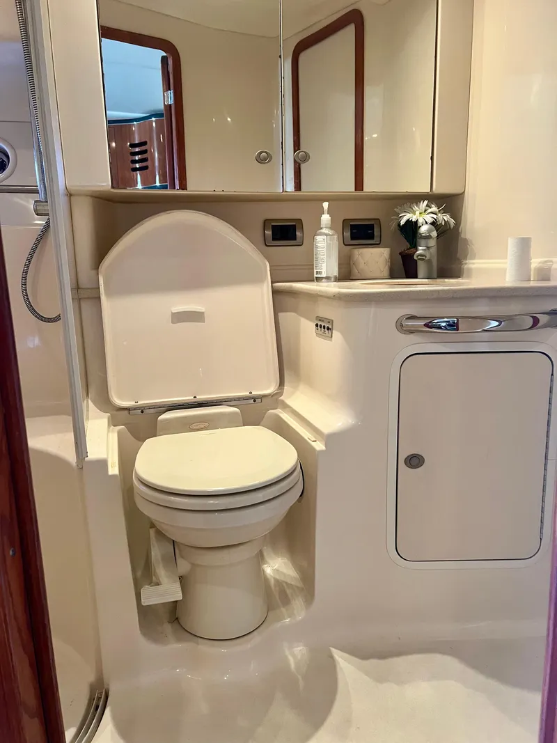 Slide: The Image of 2004 Sea Ray 46 Sundancer yacht bathroom with toilet, sink, and mirror. - 14