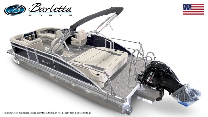 Slide: The Image of 2024 Barletta Aria Ultra-Lounge 22UC pontoon boat with Mercury outboard motor. - 3
