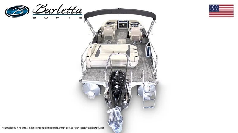 Slide: The Image of 2024 Barletta Aria Ultra-Lounge 22UC pontoon boat, rear view with motor and seating. - 4