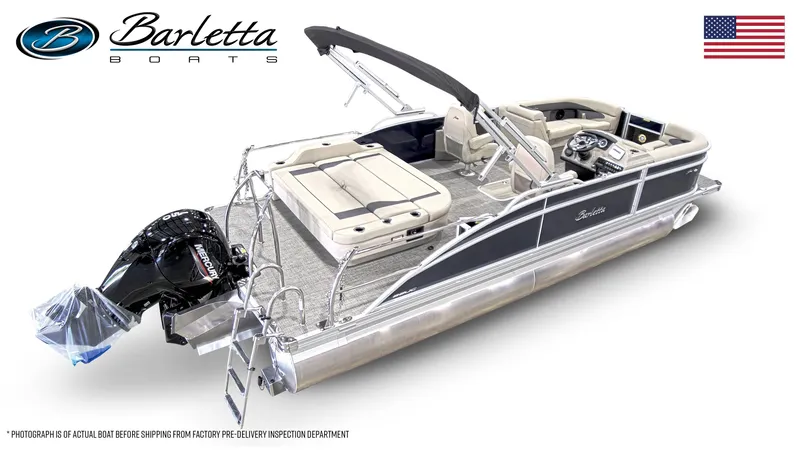 Slide: The Image of 2024 Barletta Aria Ultra-Lounge 22UC pontoon boat with Mercury outboard motor. - 5
