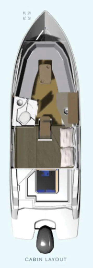 Slide: The Image of Top view of 2024 Regal 26XO boat cabin layout. - 18