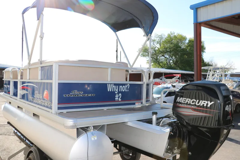Slide: The Image of 2016 Sun Tracker Party Barge 18 DLX pontoon boat with Mercury 40 HP outboard motor. - 5