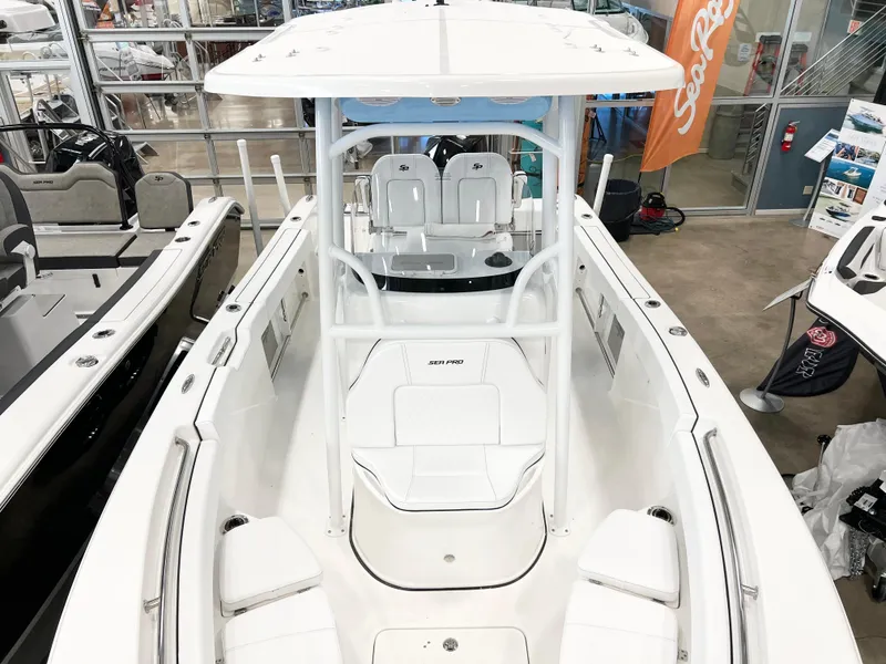 Slide: The Image of 2024 Sea Pro 222 Center Console boat with spacious seating and modern design. - 6