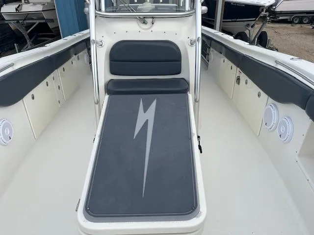 Slide: The Image of 2008 Hydra-Sports 3300 CC boat interior with cushioned seating and sleek design. - 11
