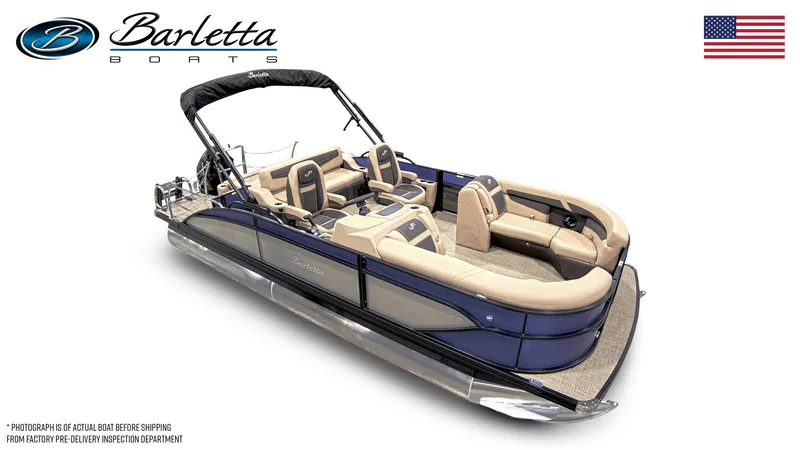 Slide: The Image of 2024 Barletta Cabrio C22UC pontoon boat with beige seating and blue exterior. - 3