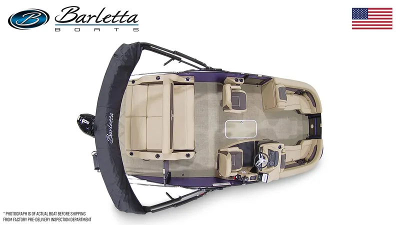 Slide: The Image of 2024 Barletta Cabrio C22UC pontoon boat, top view, beige interior, Barletta logo, American flag. - 4