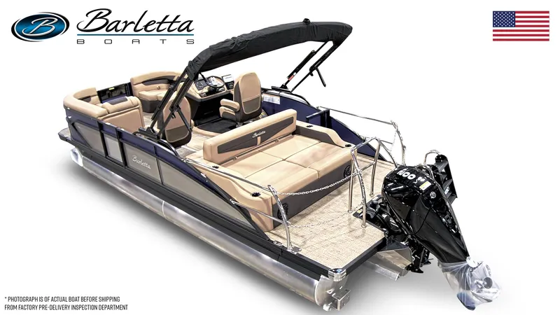 Slide: The Image of 2024 Barletta Cabrio C22UC pontoon boat with tan seating and black motor. - 5