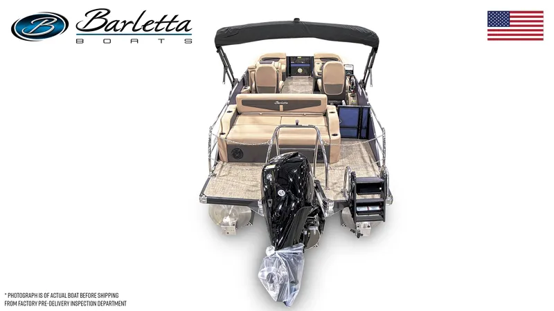 Slide: The Image of 2024 Barletta Cabrio C22UC pontoon boat, rear view with motor and seating. - 6