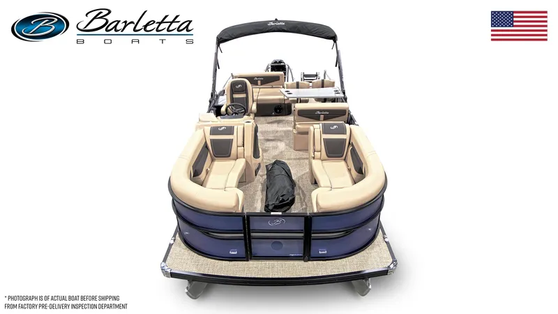 Slide: The Image of 2024 Barletta Cabrio C24UE pontoon boat with beige seating and black canopy. - 5