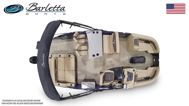 Slide: The Image of Top view of 2024 Barletta Cabrio C24UE pontoon boat with beige seating and helm. - 6