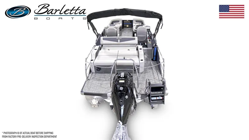 Slide: The Image of 2024 Barletta Cabrio C24UC pontoon boat, rear view with outboard motor and seating. - 3