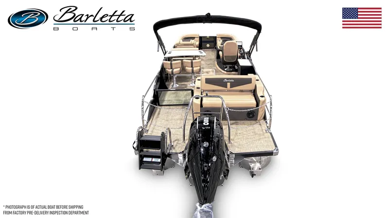 Slide: The Image of 2024 Barletta Cabrio C24UE pontoon boat with luxurious seating and powerful outboard motor. - 3