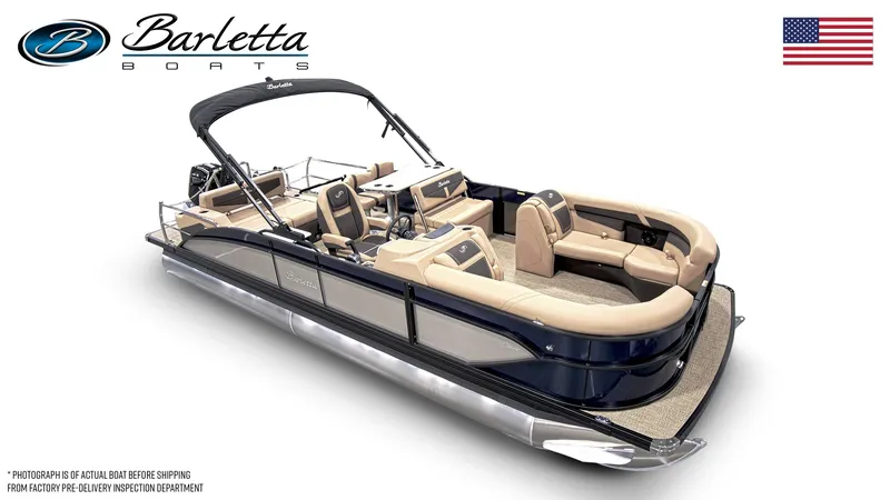 Slide: The Image of 2024 Barletta Cabrio C24UE pontoon boat with luxurious seating and sleek design. - 6