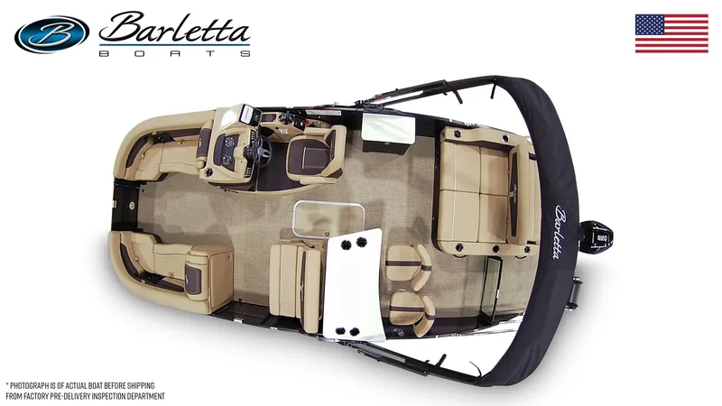 Slide: The Image of 2024 Barletta Cabrio C24UE pontoon boat, top view, beige interior, USA flag. - 7