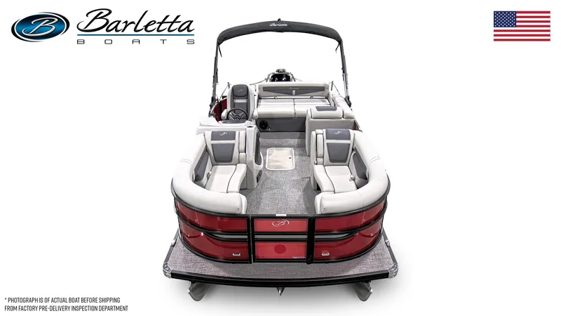 Slide: The Image of 2024 Barletta Cabrio C22U pontoon boat, rear view, spacious seating, and modern design. - 4