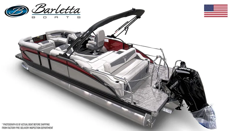 Slide: The Image of 2024 Barletta Cabrio C22U pontoon boat with Mercury outboard motor. - 6