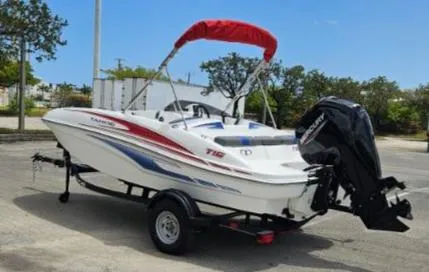 Slide: The Image of 2024 Tahoe T16 boat with red canopy and outboard motor on trailer. - 3