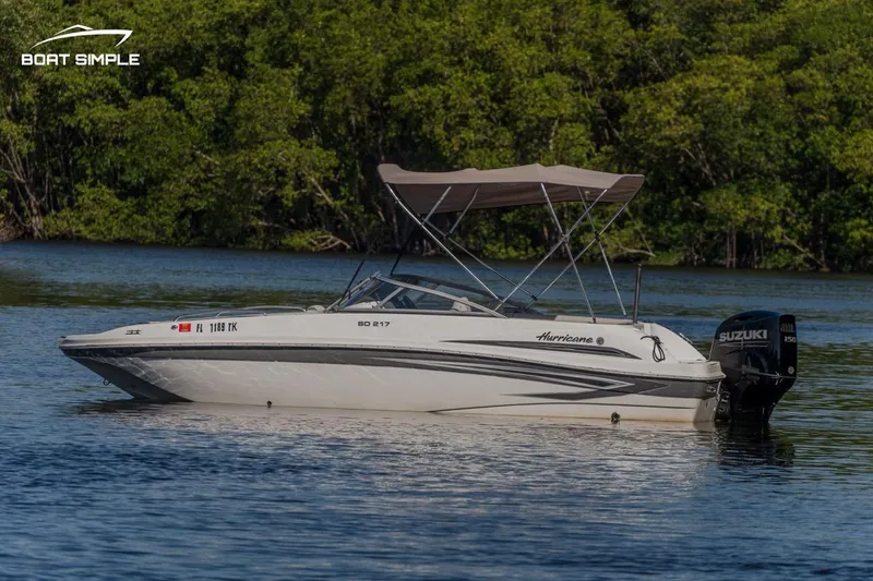 Slide: The Image of 2022 Hurricane 217 SD boat with Suzuki outboard motor on calm water. - 1
