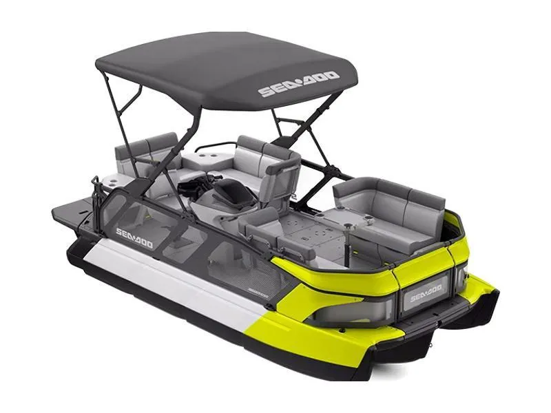 The Image of 2024 Sea-Doo Switch Sport 18-230 hp pontoon boat with canopy and seating. - 1
