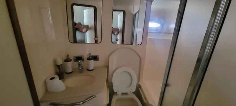 Slide: The Image of 2004 Sea Ray 480 Sedan Bridge bathroom with toilet, sink, mirrors, and shower. - 31