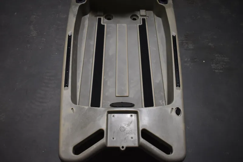 Slide: The Image of 2024 Ascend 128X Yak-Power Sit-On kayak hull, top view, gray color. - 14