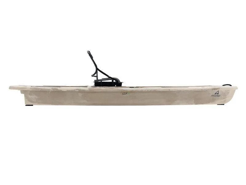 Slide: The Image of 2024 Ascend 128X Yak-Power Sit-On kayak, side view, beige color. - 3