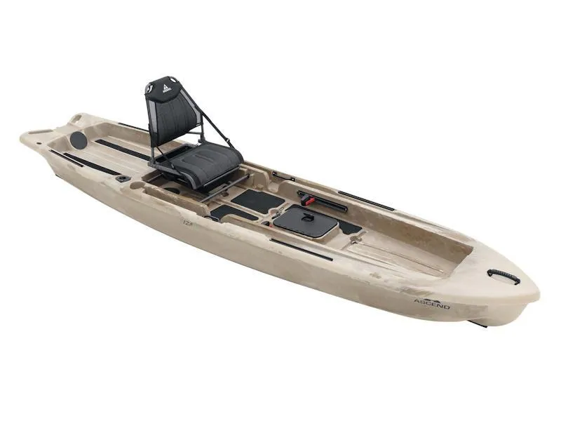 Slide: The Image of 2024 Ascend 128X Yak-Power Sit-On kayak, beige, with adjustable seat and storage compartments. - 4