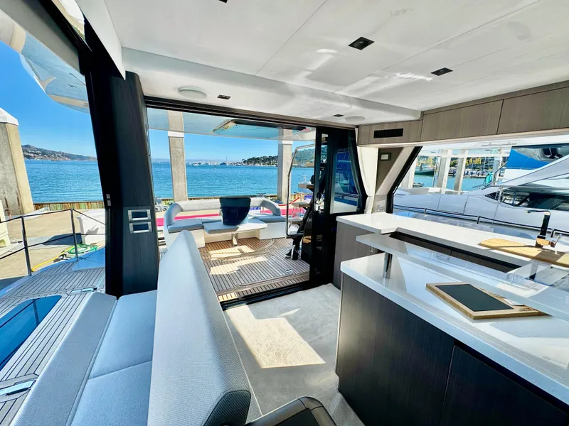 Slide: The Image of Luxurious interior of 2025 Galeon 500 Fly yacht with ocean view. - 45