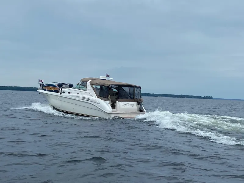 Slide: The Image of 1995 Sea Ray 450 Sundancer cruising on open water under cloudy skies. - 1