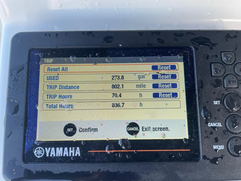 Slide: The Image of Yamaha boat trip meter display showing fuel usage, distance, and hours for a 2017 Pathfinder 2300 HPS. - 46
