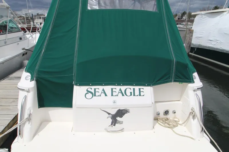 Slide: The Image of 1998 Wellcraft 3200 Martinique boat with green canopy, named "Sea Eagle," docked at marina. - 30