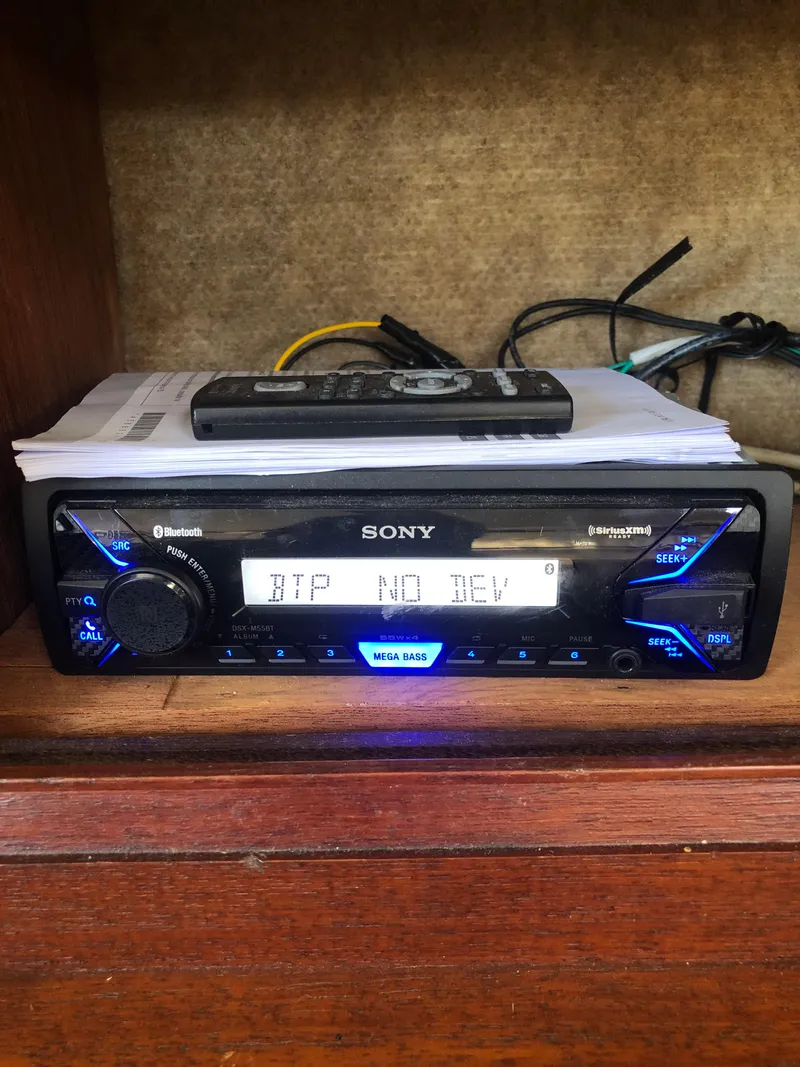 Slide: The Image of Sony Bluetooth stereo system in a 1983 Hunter 34 boat interior. - 26