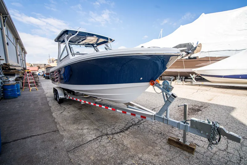 Slide: The Image of 2024 Edgewater 262 CX boat on trailer in marina. - 5