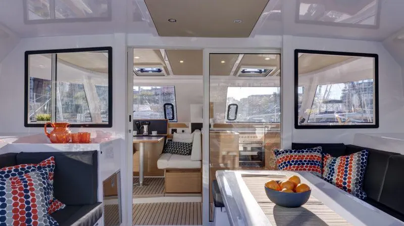 Slide: The Image of Interior of 2016 Nautitech 40 Open catamaran with modern seating and decor. - 1