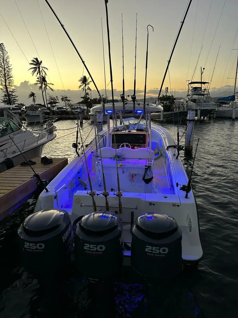 Slide: The Image of 2007 Hydra-Sports Vector 3300 CC boat docked at sunset with fishing rods and blue lights. - 6