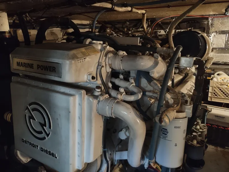 Slide: The Image of Engine room of 1995 Hatteras 52 Cockpit Motor Yacht with Detroit Diesel engine. - 36