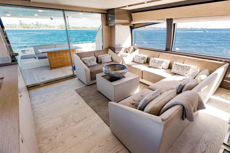 Slide: The Image of Luxurious interior of 2017 Ferretti Yachts 750 with ocean view and modern furnishings. - 21