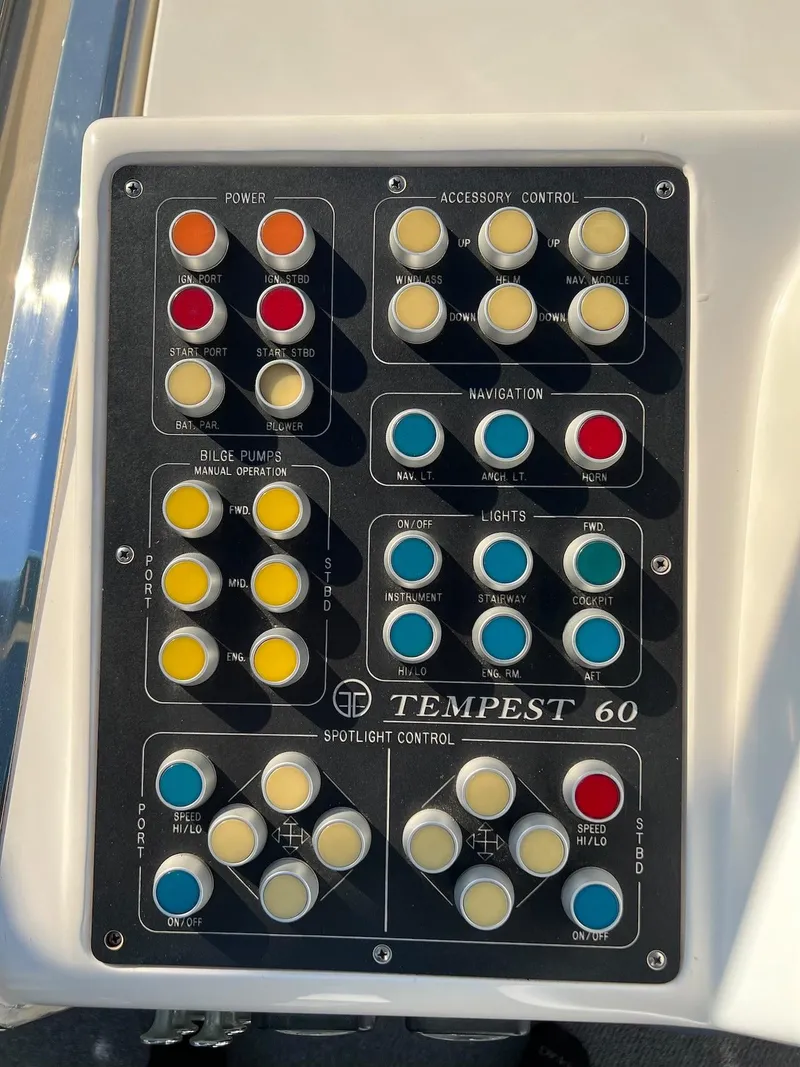 Slide: The Image of Control panel of a 1990 Tempest Offshore Sport Yacht with various labeled buttons. - 15