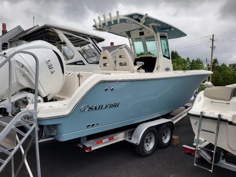 Slide: The Image of 2025 Sailfish 272 CC boat on trailer with Yamaha outboard motor. - 24