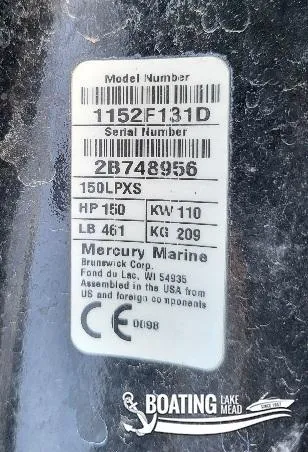 Slide: The Image of 2021 Bennington L25 Stern Radius model number and serial number label, Mercury Marine engine specifications. - 17