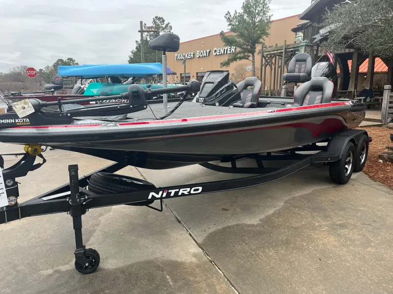 Slide: The Image of 2024 Nitro Z20 boat on trailer at Tracker Boat Center. - 2