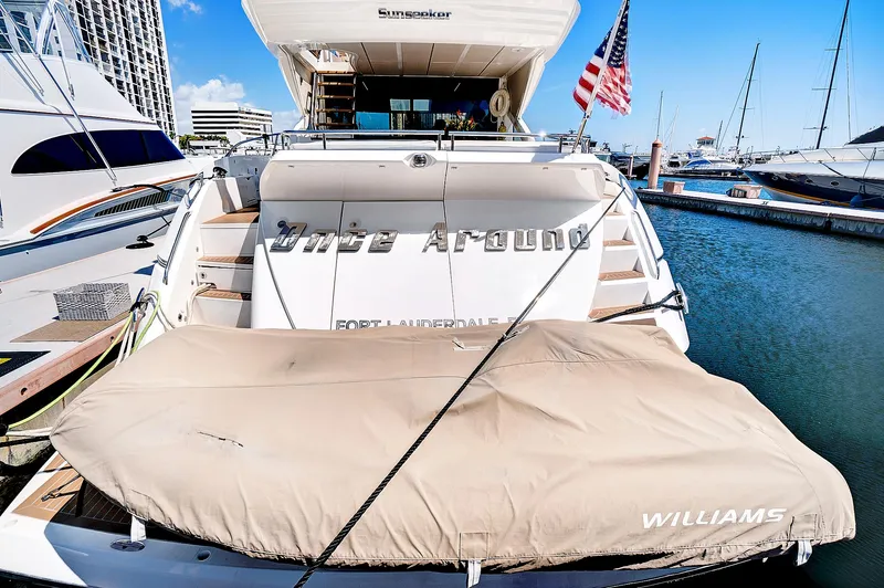 Slide: The Image of 2017 Sunseeker 68 Sport Yacht docked at marina with American flag. - 3