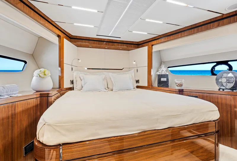 Slide: The Image of Luxurious bedroom interior of 2017 Sunseeker 68 Sport Yacht with modern design and ocean view. - 48
