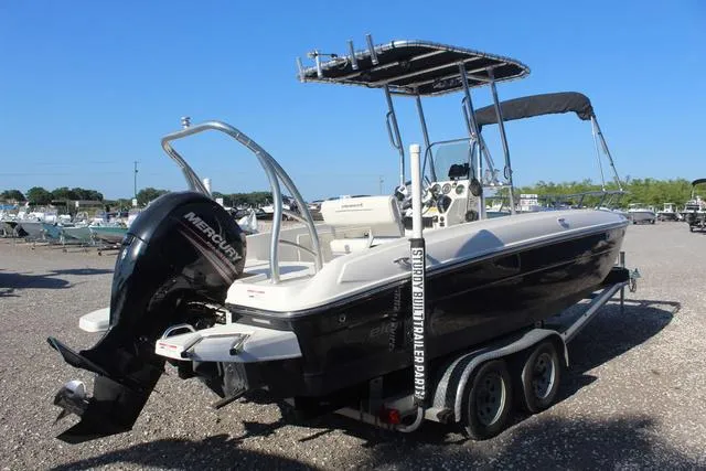 Slide: The Image of 2018 Bayliner Element F21 boat rear view with outboard motor. - 5