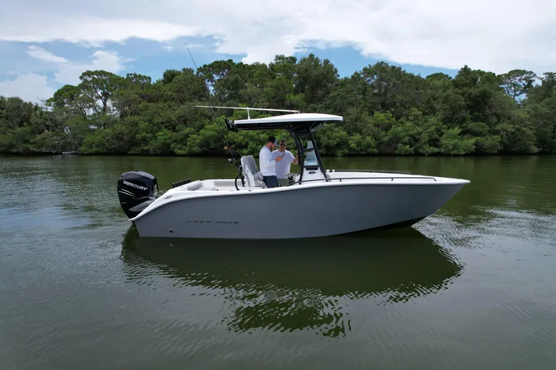 Slide: The Image of 2019 Cape Horn 22 OS boat on calm water with lush greenery in the background. - 0